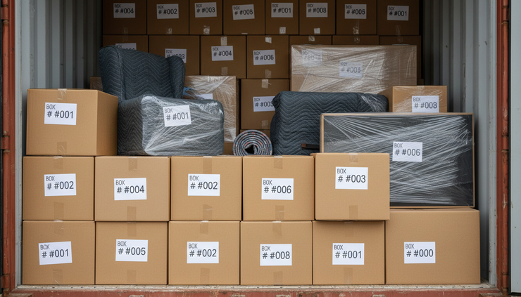Close-up view of labelled moving boxes inside a household goods container