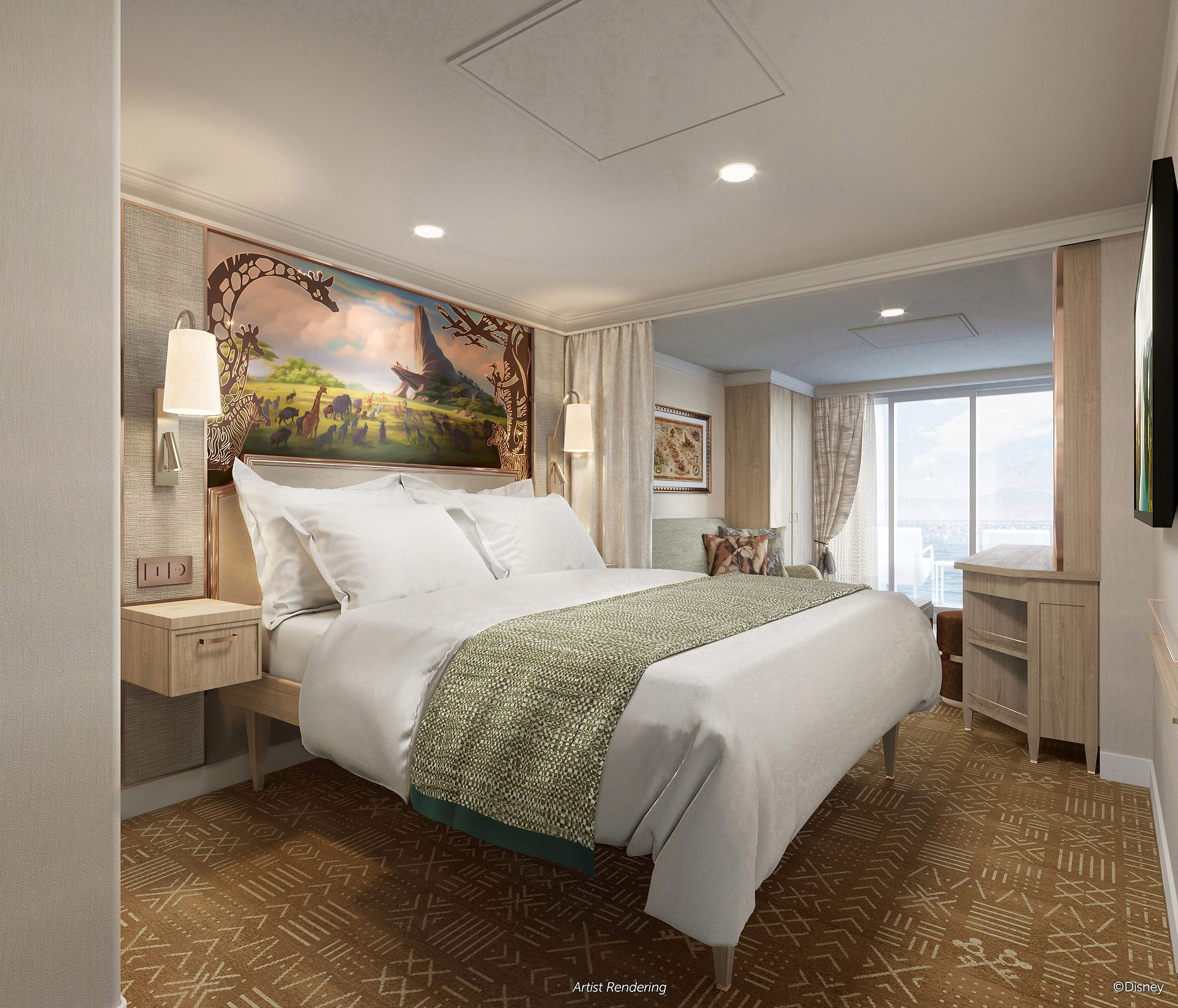 Bedroom with white bed, gold carpet, and a window