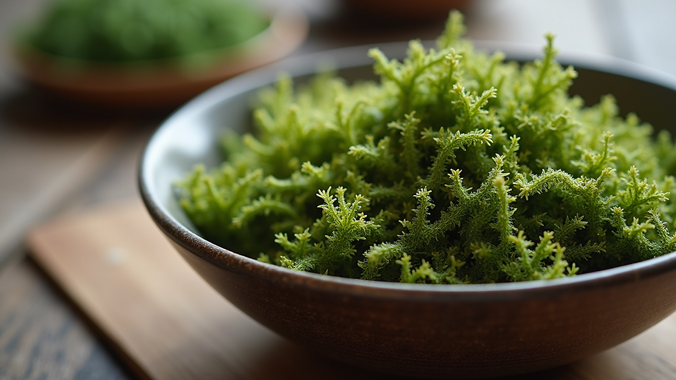 Close-up view of a bowl filled with dried sea moss