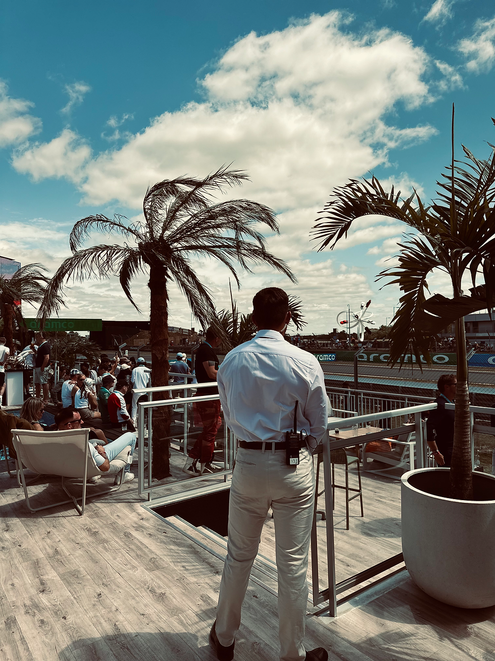 Hospitality security overlooking Silverstone Circuit during the British Grand Prix