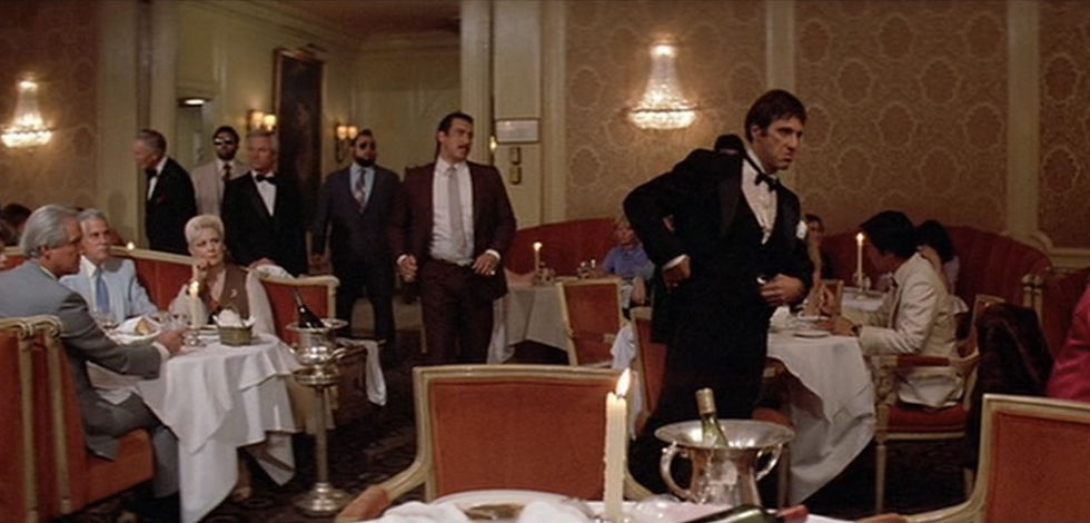 A high Tony Montana berating the guests of a high class restaurant in "Scarface"