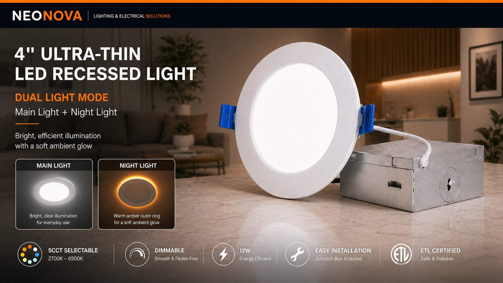 Amico 4-inch ultra-thin LED recessed light with dual light mode main light and outer ring night light