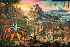 Artistic fusion of Indian Ramayana and Japanese Kabuki theater styles connected by the Silk Road.