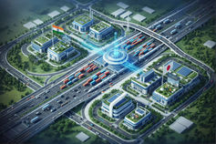 Emerging Industrial Smart City in India, showcasing advanced infrastructure, clean wide roads, smart logistics hubs, and modern green technology zones.
