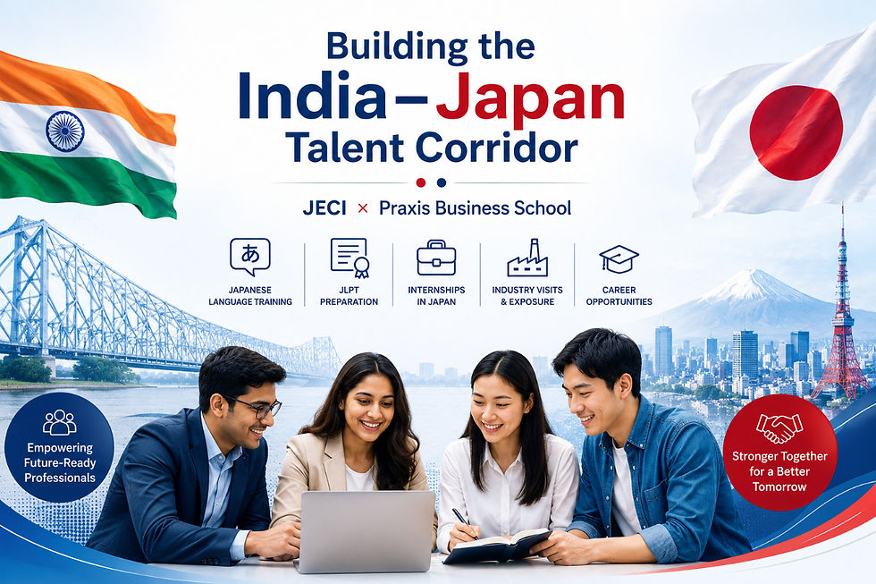 JECI and Praxis Business School partnership promoting India-Japan talent development through Japanese language training, JLPT preparation, internships, industry exposure, and career opportunities at the JECI JHUB Satellite Skill Center in Kolkata.