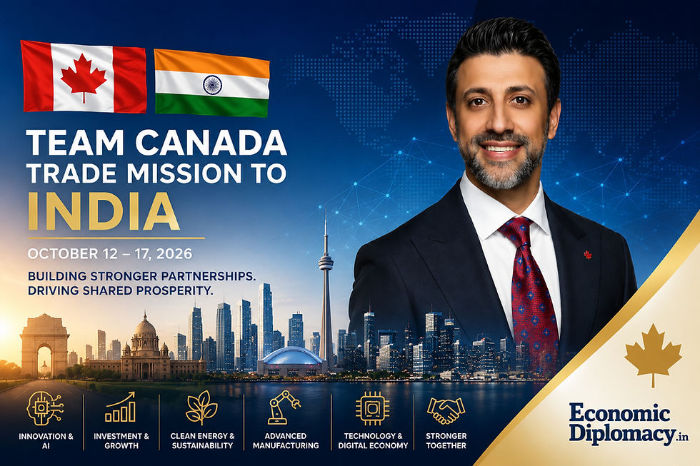 Team Canada Trade Mission to India 2026 led by Canada's Minister of International Trade, Maninder Sidhu, highlighting India–Canada economic relations, trade, investment, innovation, and strategic business partnerships.