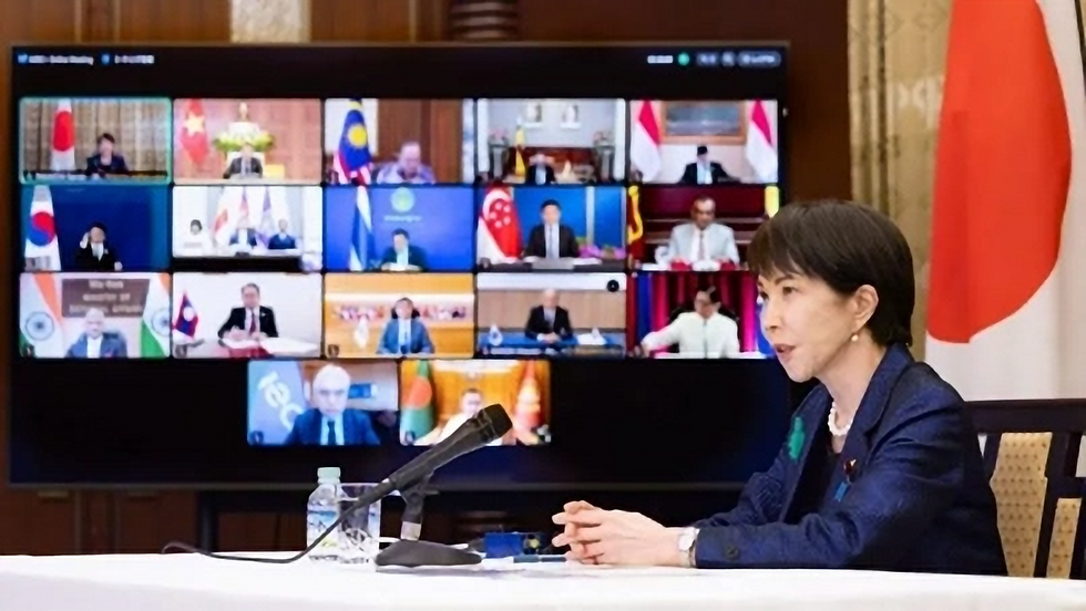 Japanese Prime Minister Sanae Takaichi, in an online meeting with other Asian leaders on April 15, 2026.
