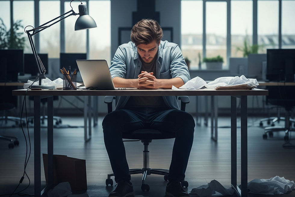 Disappointed startup founder sitting alone in office post-failure