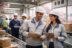 Indian logistics workers managing packages in a high-tech Japanese warehouse
