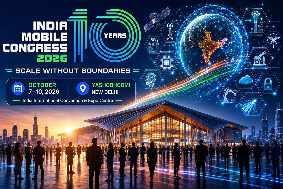 India Mobile Congress (IMC) 2026, a futuristic technology ecosystem centered around Yashobhoomi Convention Centre, New Delhi showcasing AI, 6G, semiconductors, satellite communications, robotics, quantum computing, drones, cloud infrastructure, cybersecurity, and Digital Public Infrastructure.