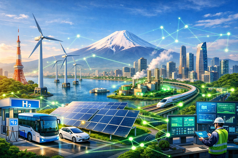 Japan’s green energy transition showing hydrogen vehicles, floating wind turbines, solar panels, and smart grids symbolizing Japan’s Green Transformation strategy.