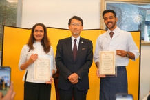 Ambassador ONO Keiichi congratulates Nooresha Kably and Brehadeesh Kumar on appointment of new Japanese Cuisine Goodwill Ambassadors