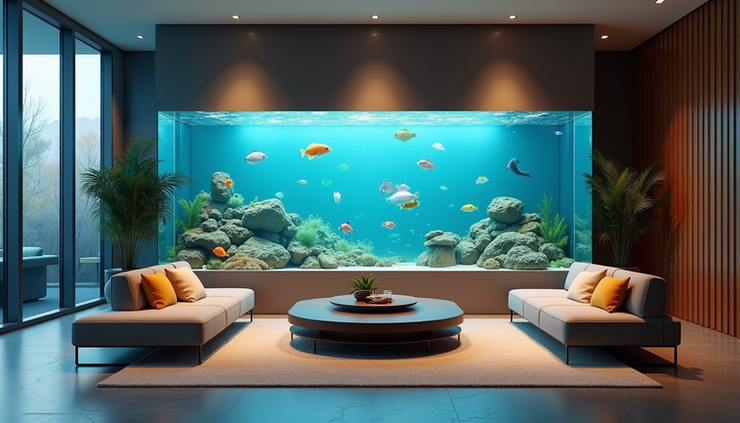 High angle view of a stylish office lounge featuring a large aquarium with colorful fish