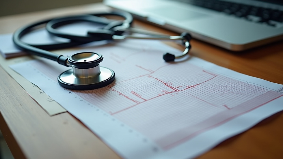 Eye-level view of a stethoscope and ECG printout on a wooden desk