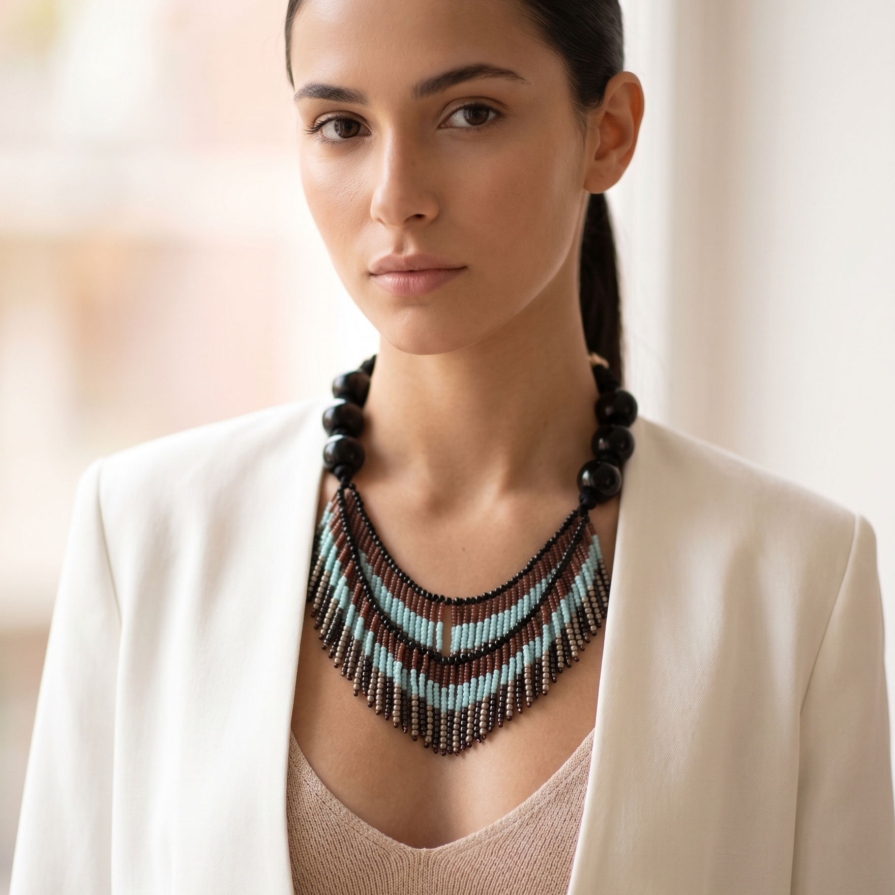 Handcrafted statement bib choker necklace with large black beads and a fringe of light blue and bronze beads.