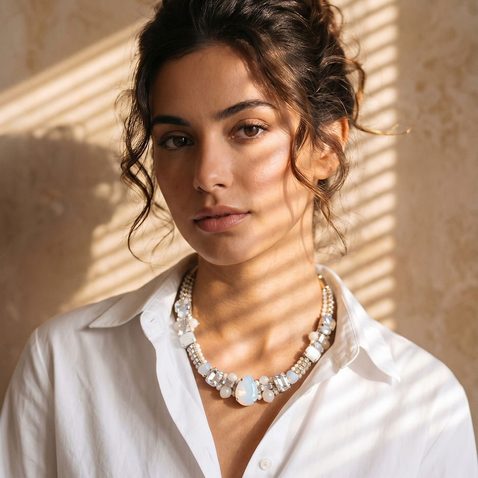 Statement choker with clear crystals, white teardrop stones, and adjustable closure, on the neck of model.