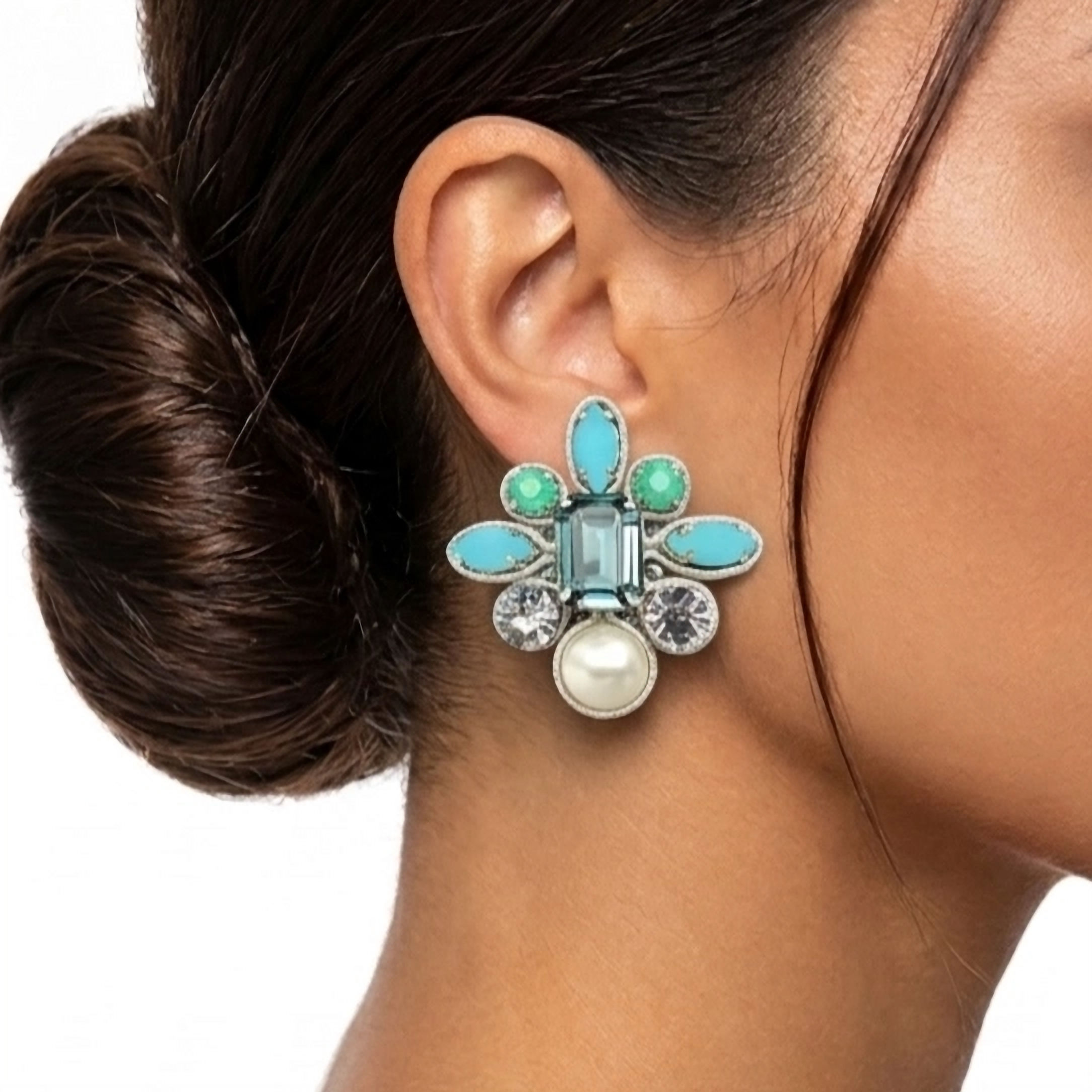 Clip-on stud earrings, handcrafted soutache flower design with pearls and crystals, high-end, handmade luxury costume jewelry
