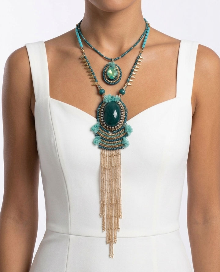 Medium petrol blue necklace with double strand and pendant embroidered with Swarovski crystals.