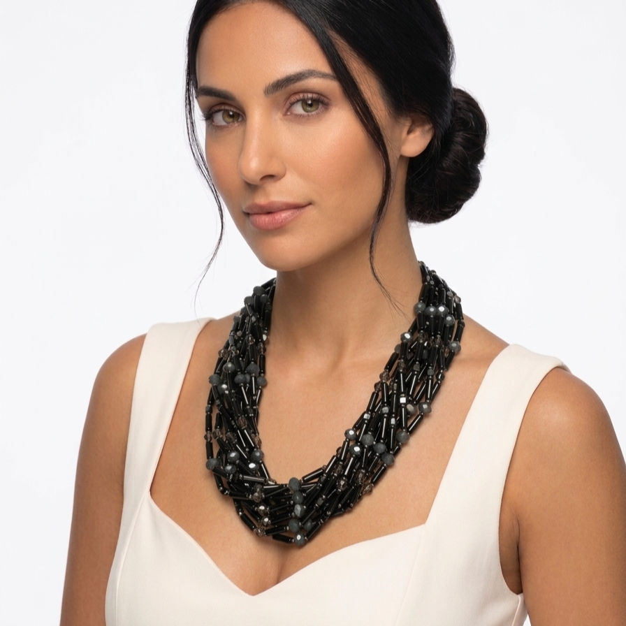 Elegant black multi-strand crystal necklace with an easy-to-wear clip clasp.