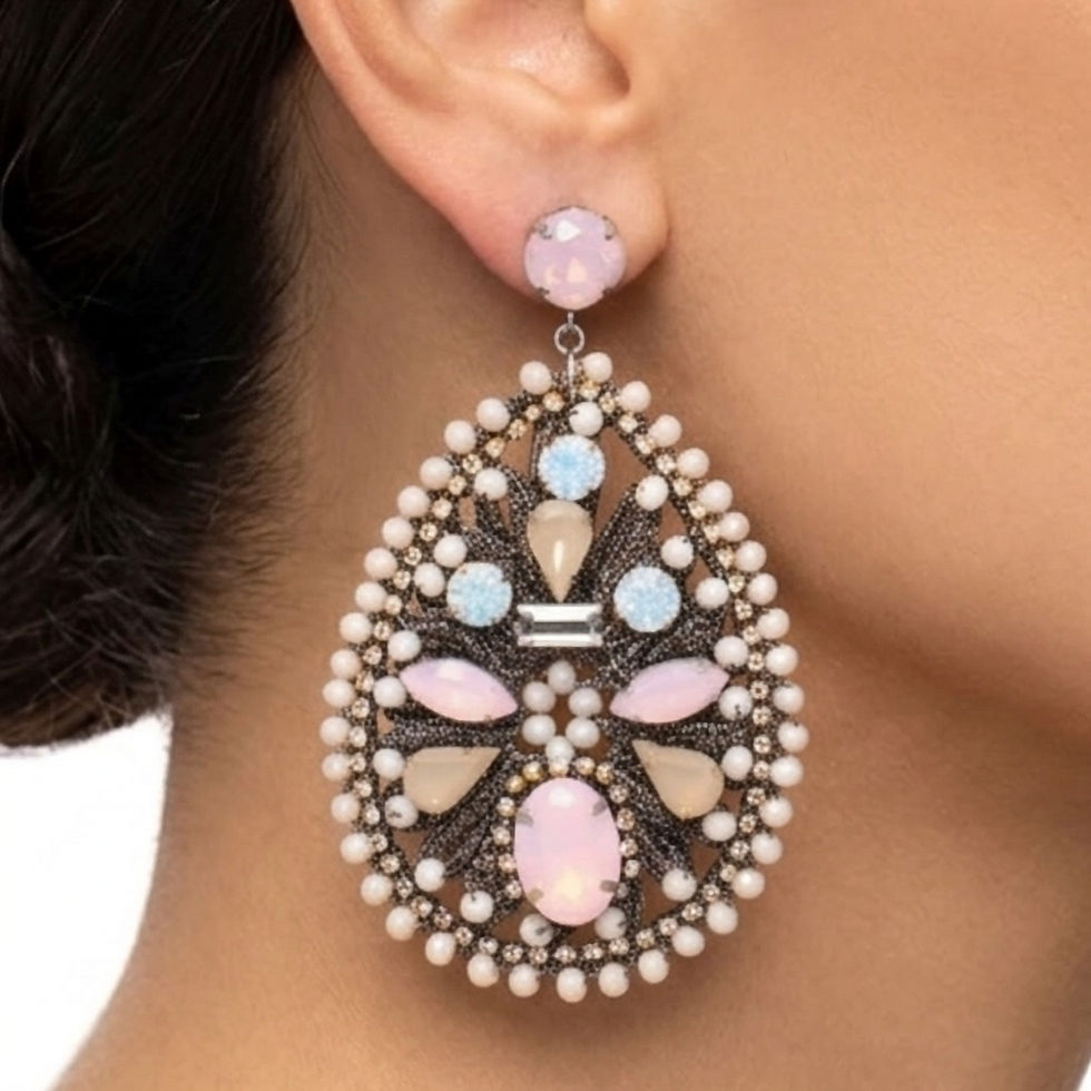 Drop earrings with pink opal Swarovski crystals, crochet lace and bright crystals.