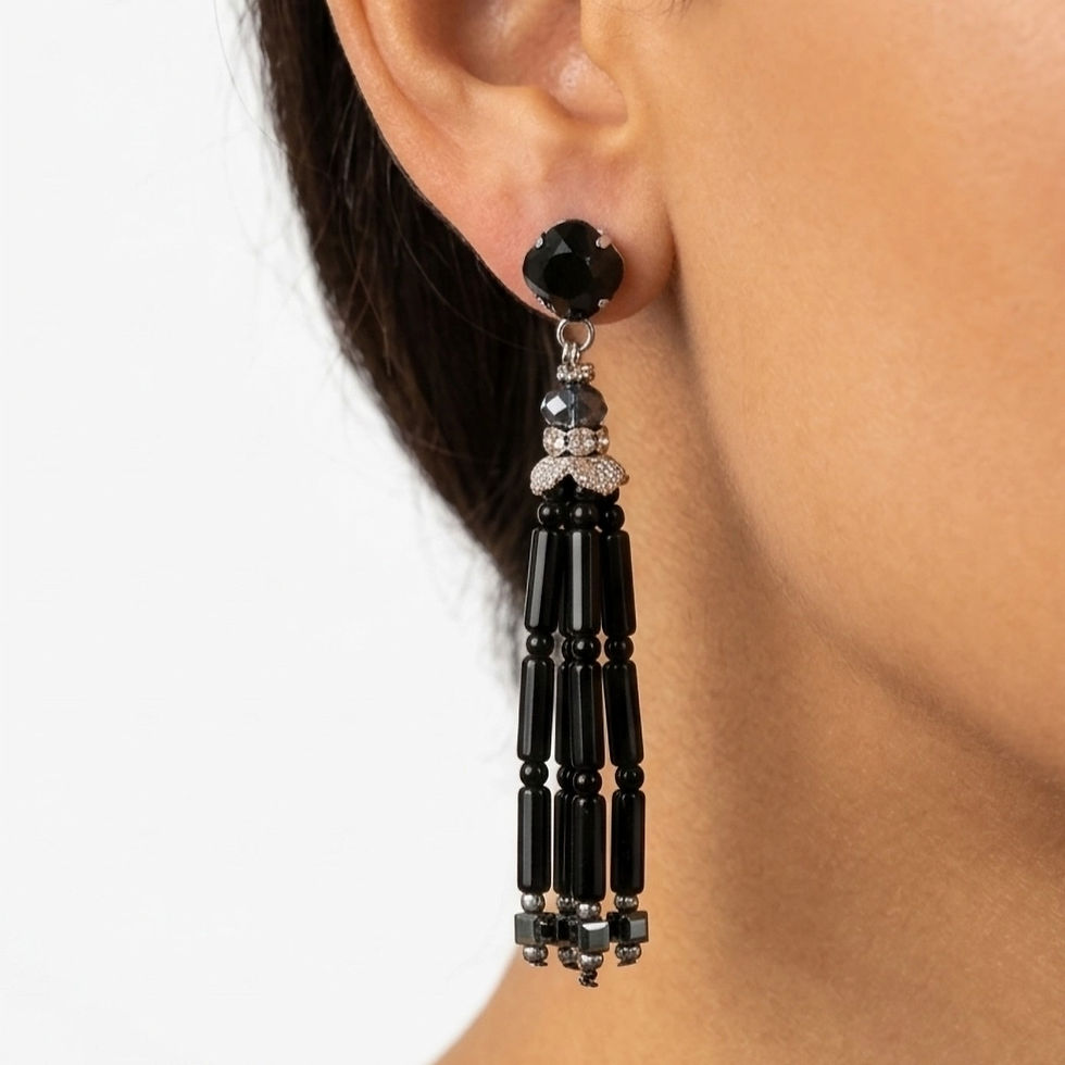 Black crystal tassel-style drop earrings with post and butterfly backings.