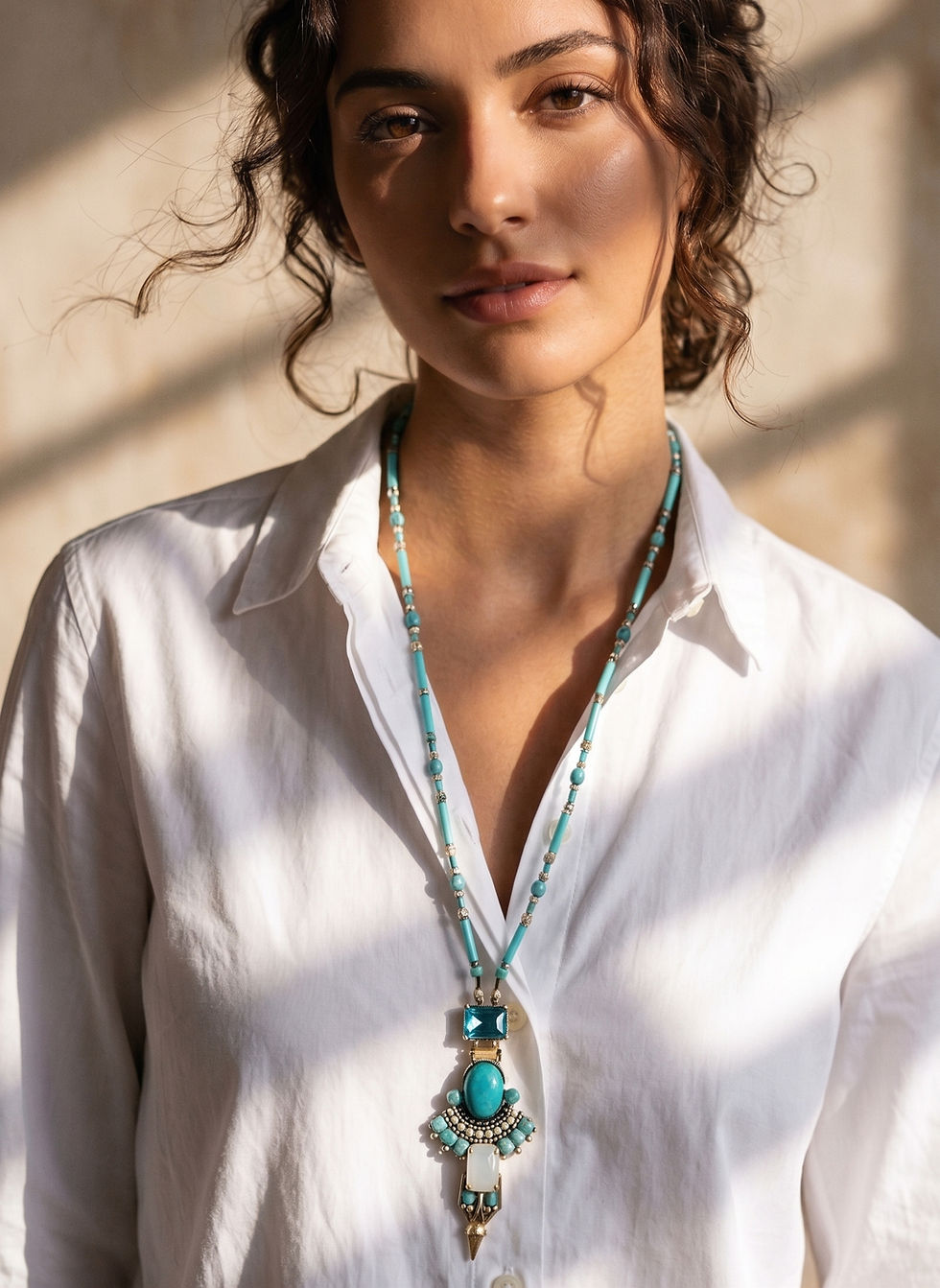 Long blue or grey necklace with Swarovski crystals hand embroidered pendant.