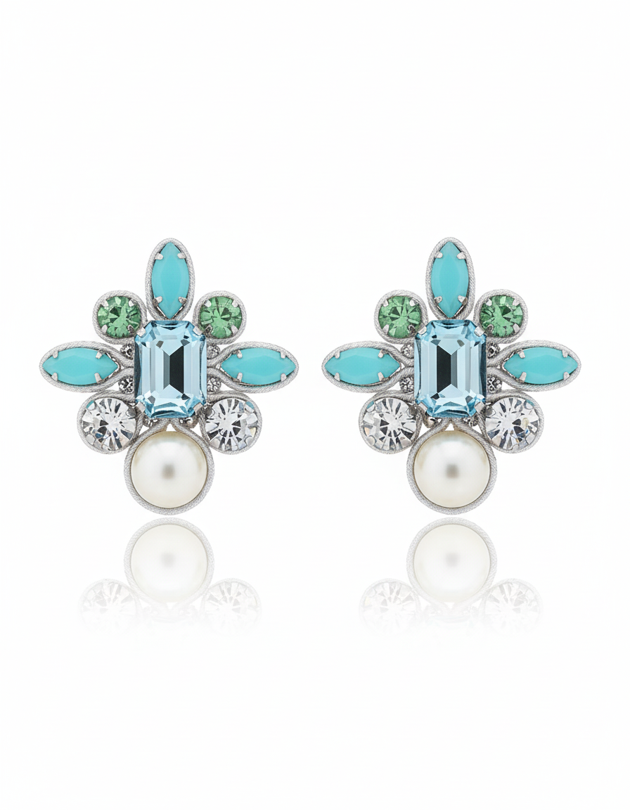 Clip-on stud earrings, handcrafted soutache flower design with pearls and crystals, high-end, handmade luxury costume jewelry