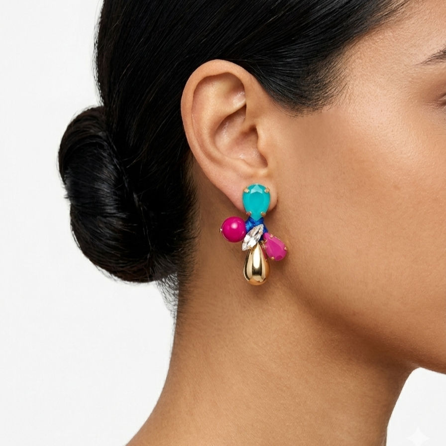 Vanity Her statement drop earrings, handcrafted multicolor design with turquoise drops, fuchsia spheres and gold details.
