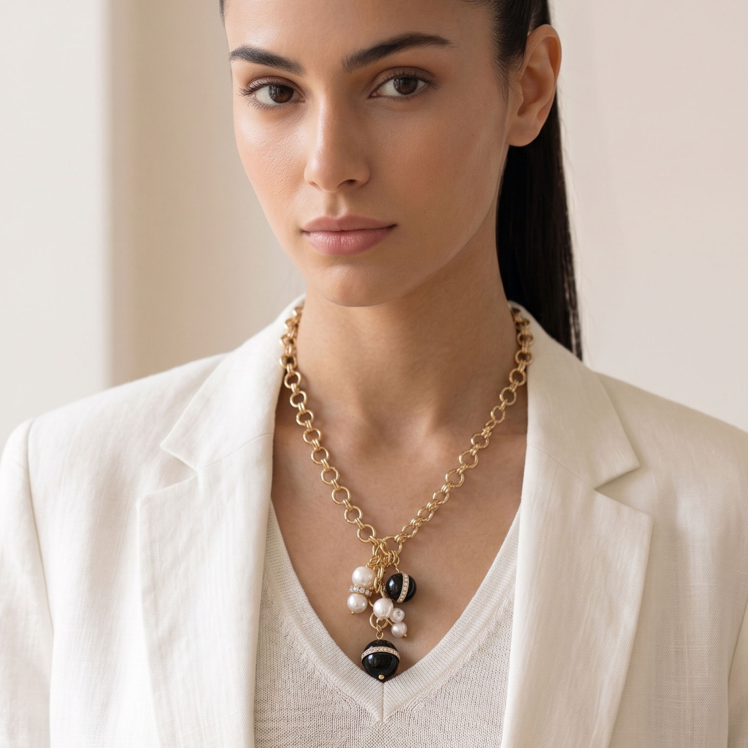 Elegant golden unalterable chain necklace with black and white pearls charms.