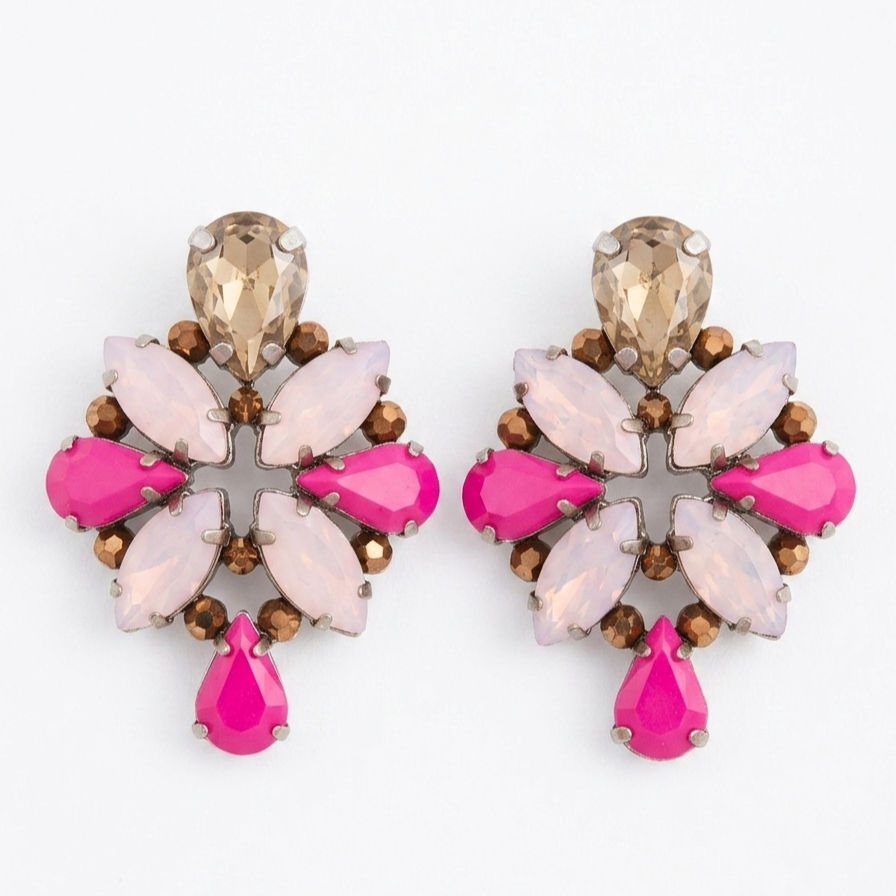 Vanity Her floral stud earrings with fuchsia pink and amber crystals, pin and butterfly closure,