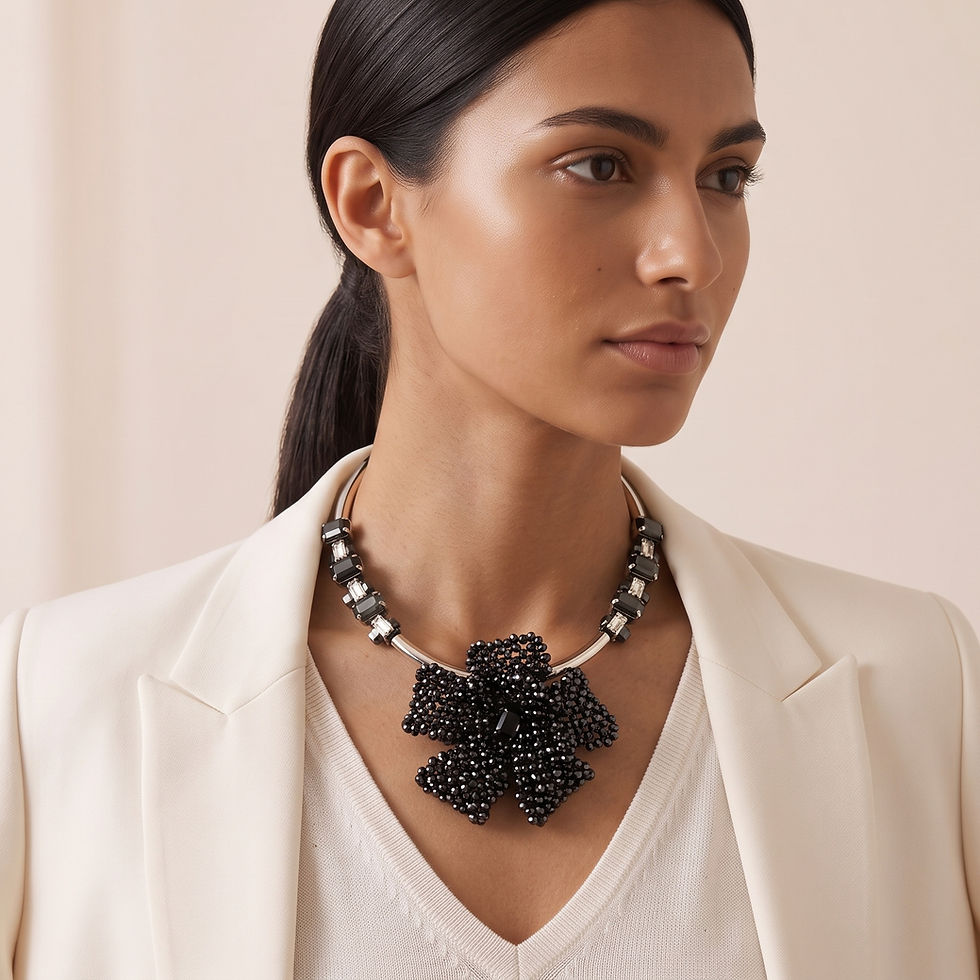 Rigid silver choker necklace with large black beaded flower and faceted crystals.