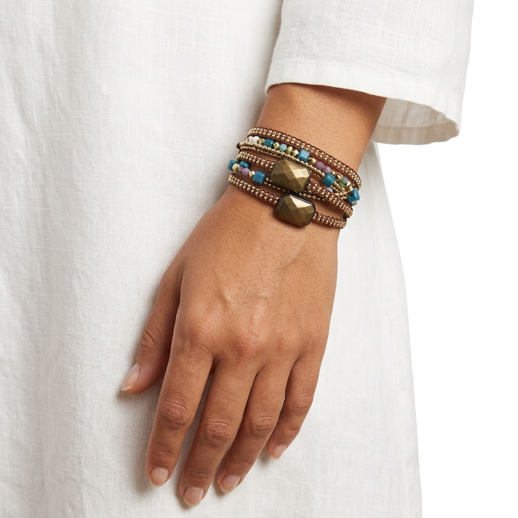 Multi-strand wrap bracelet in shades of brown and gold, featuring geometric stones and turquoise beads, magnetic closure.