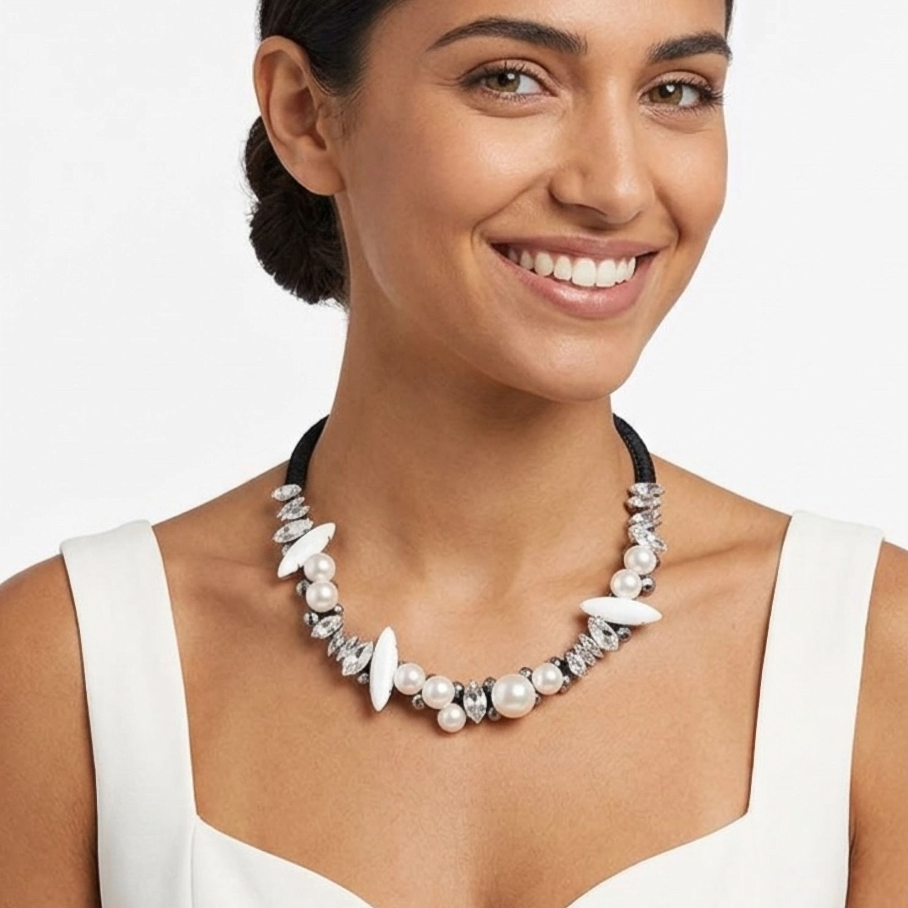 Vanity Her handcrafted choker necklace featuring white pearls, clear crystals, and a black cord.