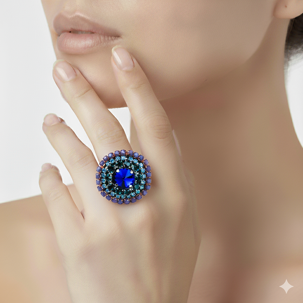 Handcrafted Purple Adjustable Ring embroidered with Swarovski crystals.