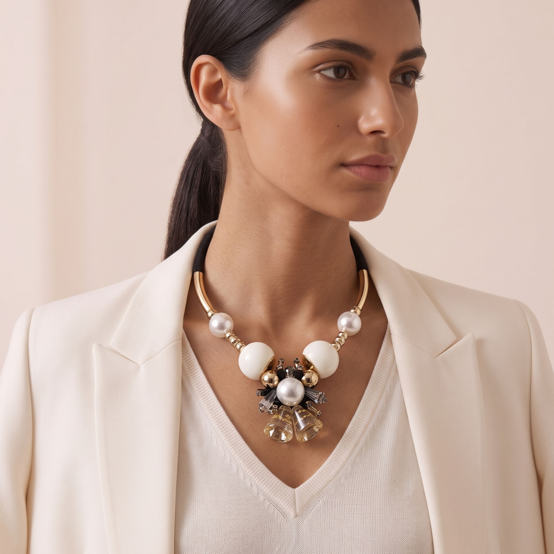 Elegant rigid choker necklace featuring a black cord and a central pendant with Swarovski crystals and gold and white pearls.