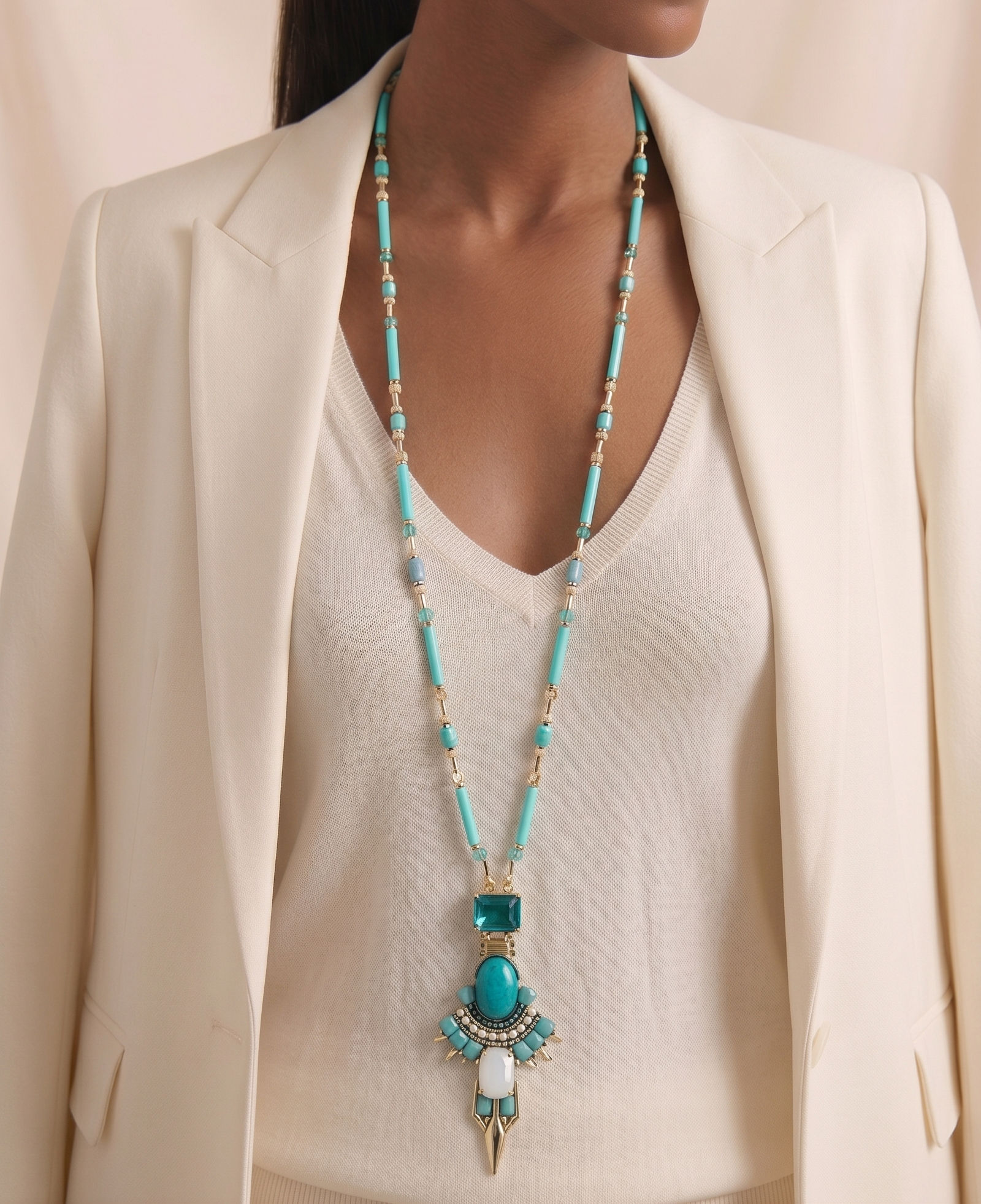 Long blue or grey necklace with Swarovski crystals hand embroidered pendant.