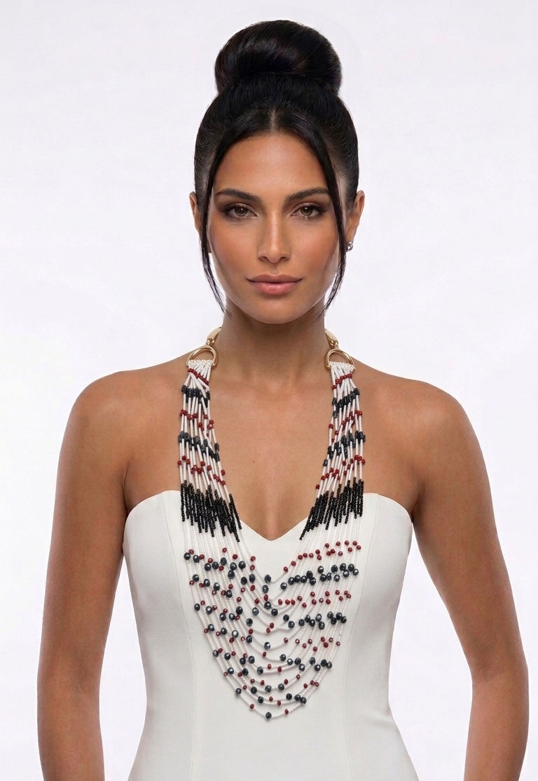 Miniatura: Long multi strand necklace with white, red and black crystals, gold closure.