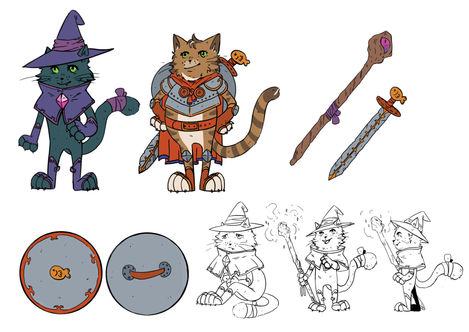 Character concepts for a story about a cat wizard and a cat warrior based on my 2 cats Dexter and Kylo - personal project
