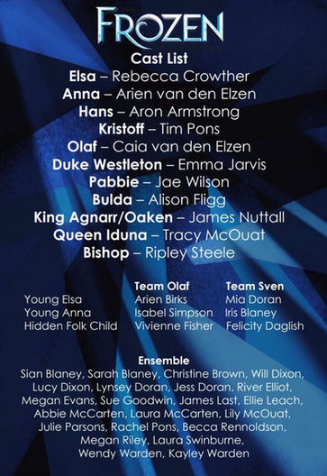 Frozen Cast List Elsa - Rebecca Crowther Anna - Arien Van Den Elzen Hans - Aron Armstrong. Kristoff - Tim Pons. Olaf - Caia Van Den Elzen. Duke Westleton - Emma Jarvis. Cabbie - Jae Wilson. Bulda - Alison Fligg. King Agnarr/Oaken - James Nuttall. Queen Iduna - Tracy McOuat. Bishop - Ripley Steele.