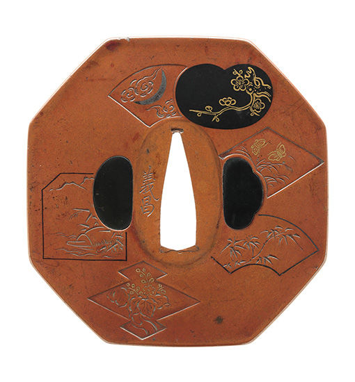 日本刀販売専門店 銀座長州屋 鍔 鐔 販売品 地紙散図鐔 銘 義昌, 鍔, 義昌