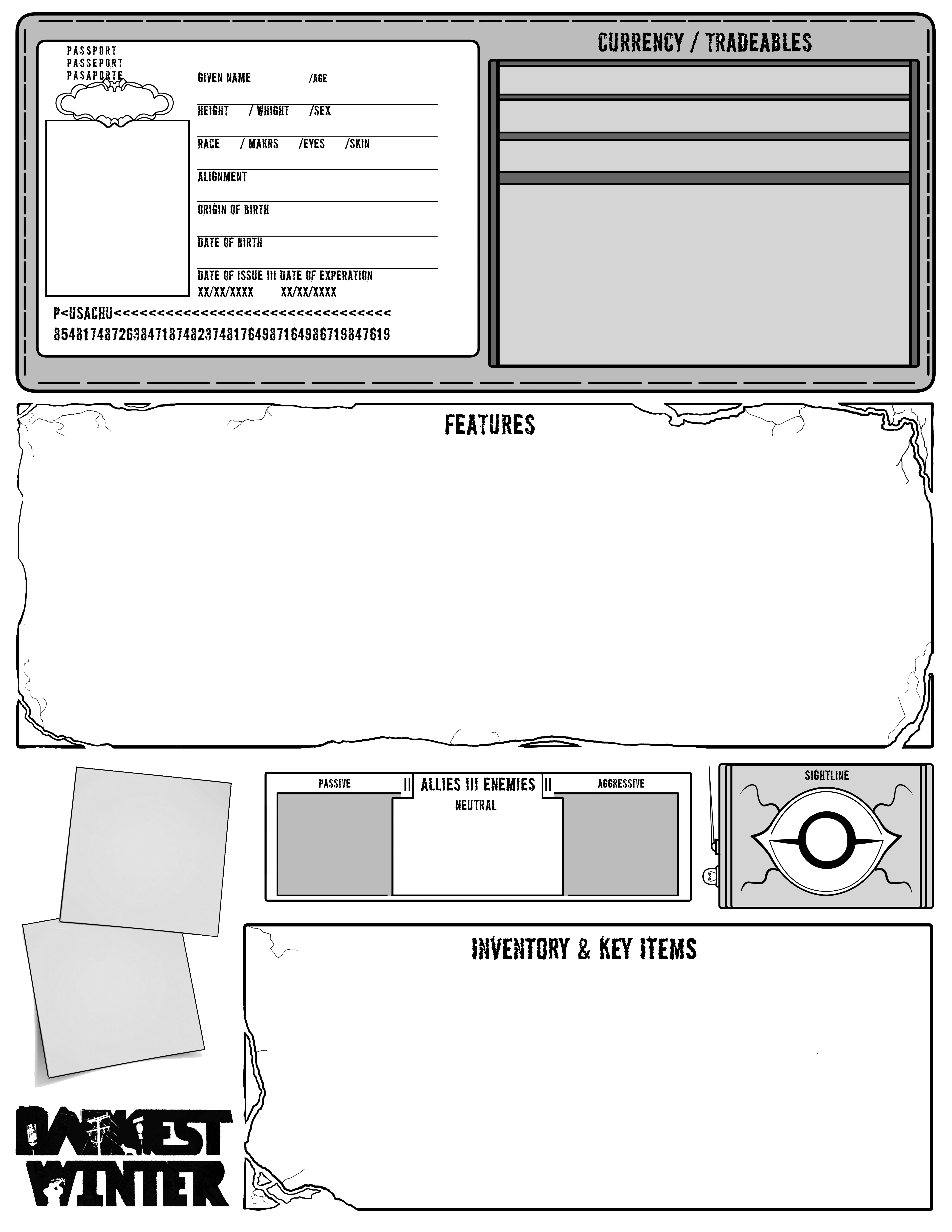 A character sheet of the Darkest Winter DND game