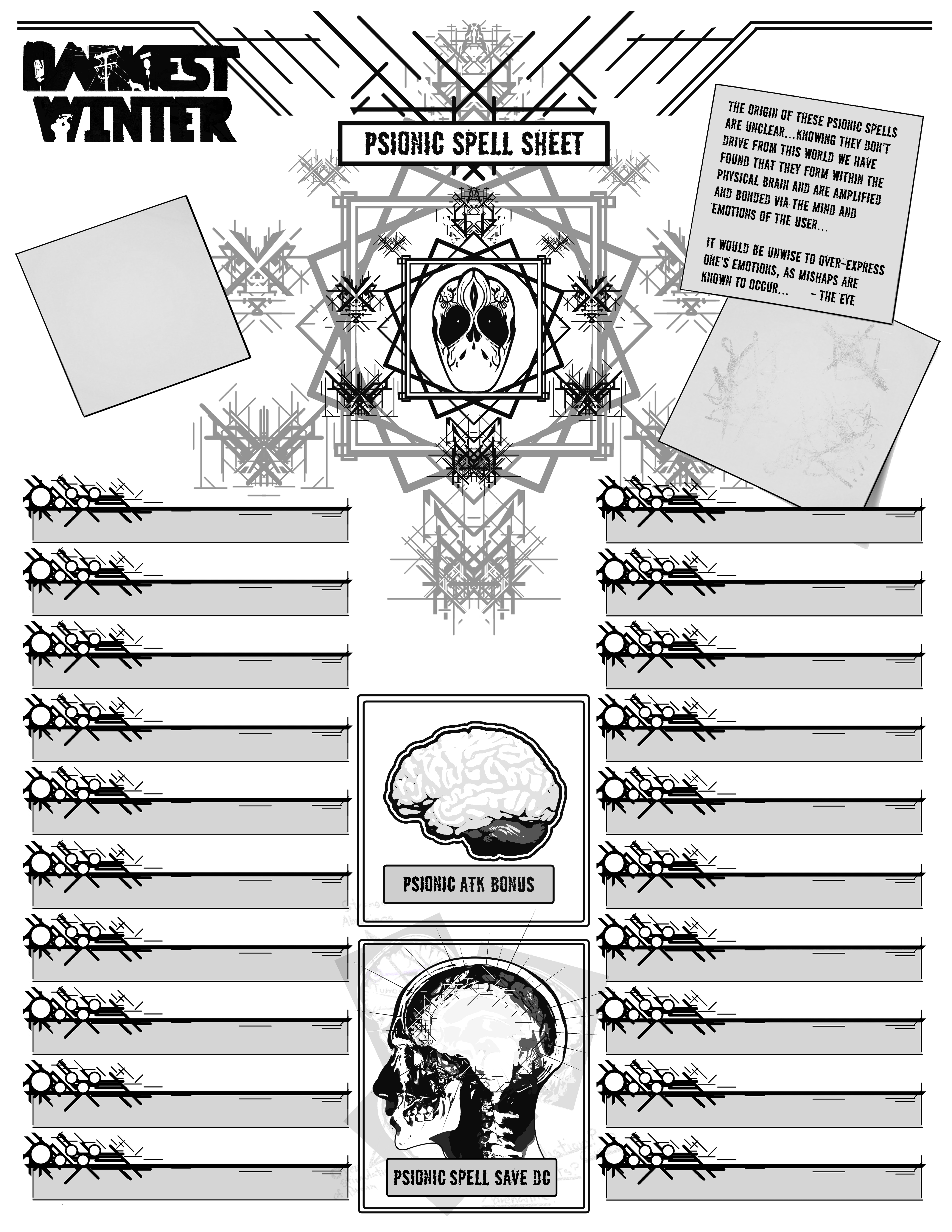 A character sheet of the Darkest Winter DND game
