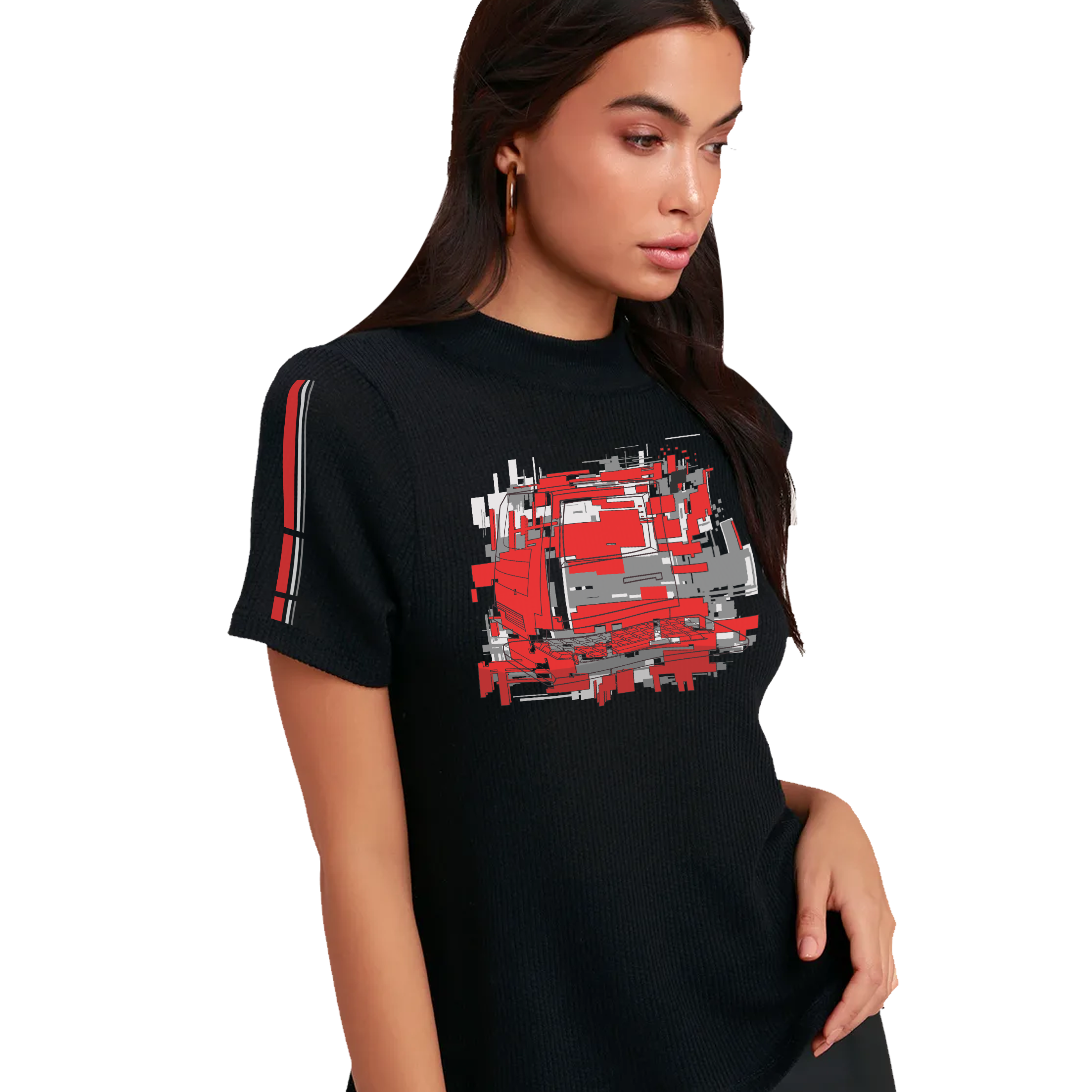 A black Tee of a old computer thats glitching out