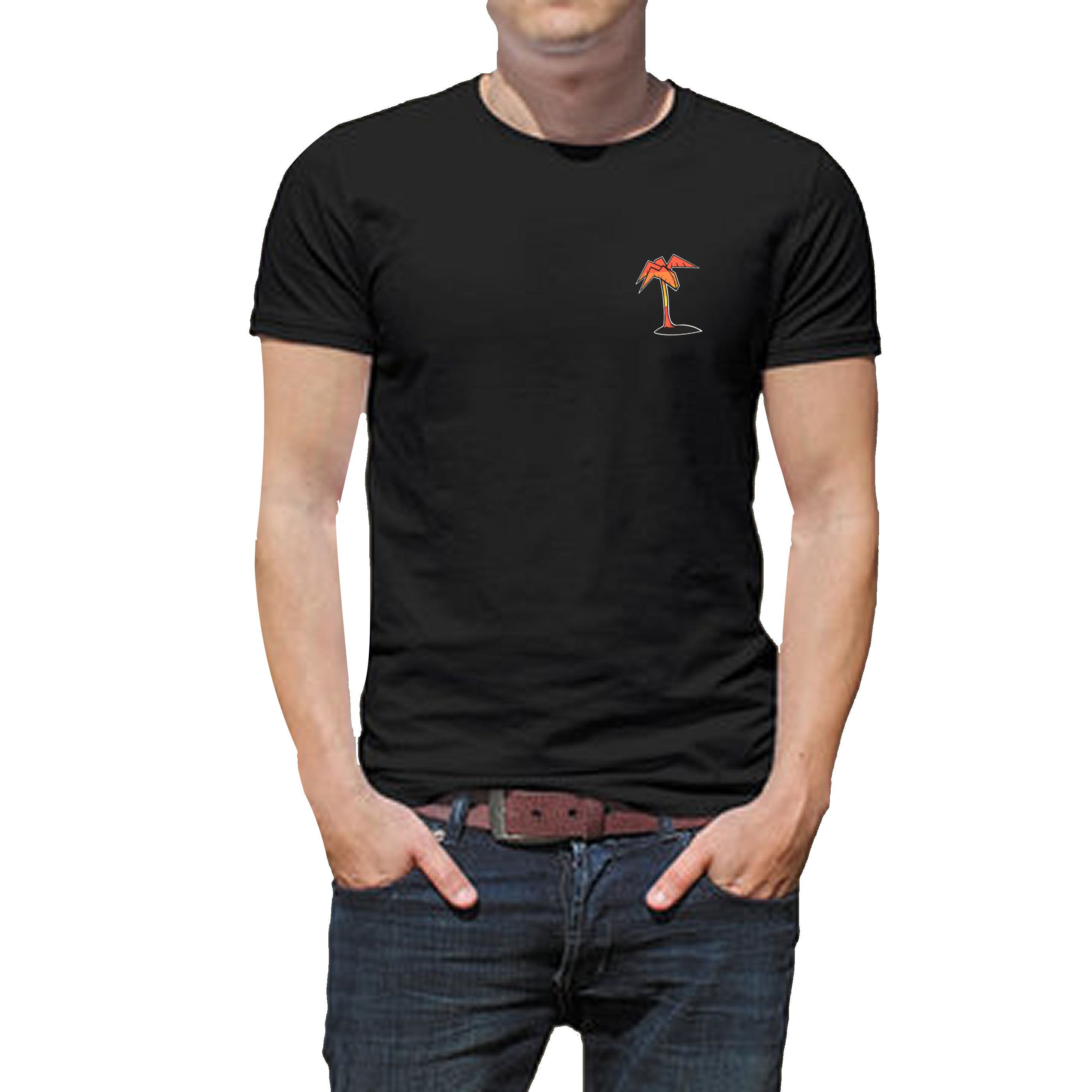 A black tee with a sunset colored palm tree