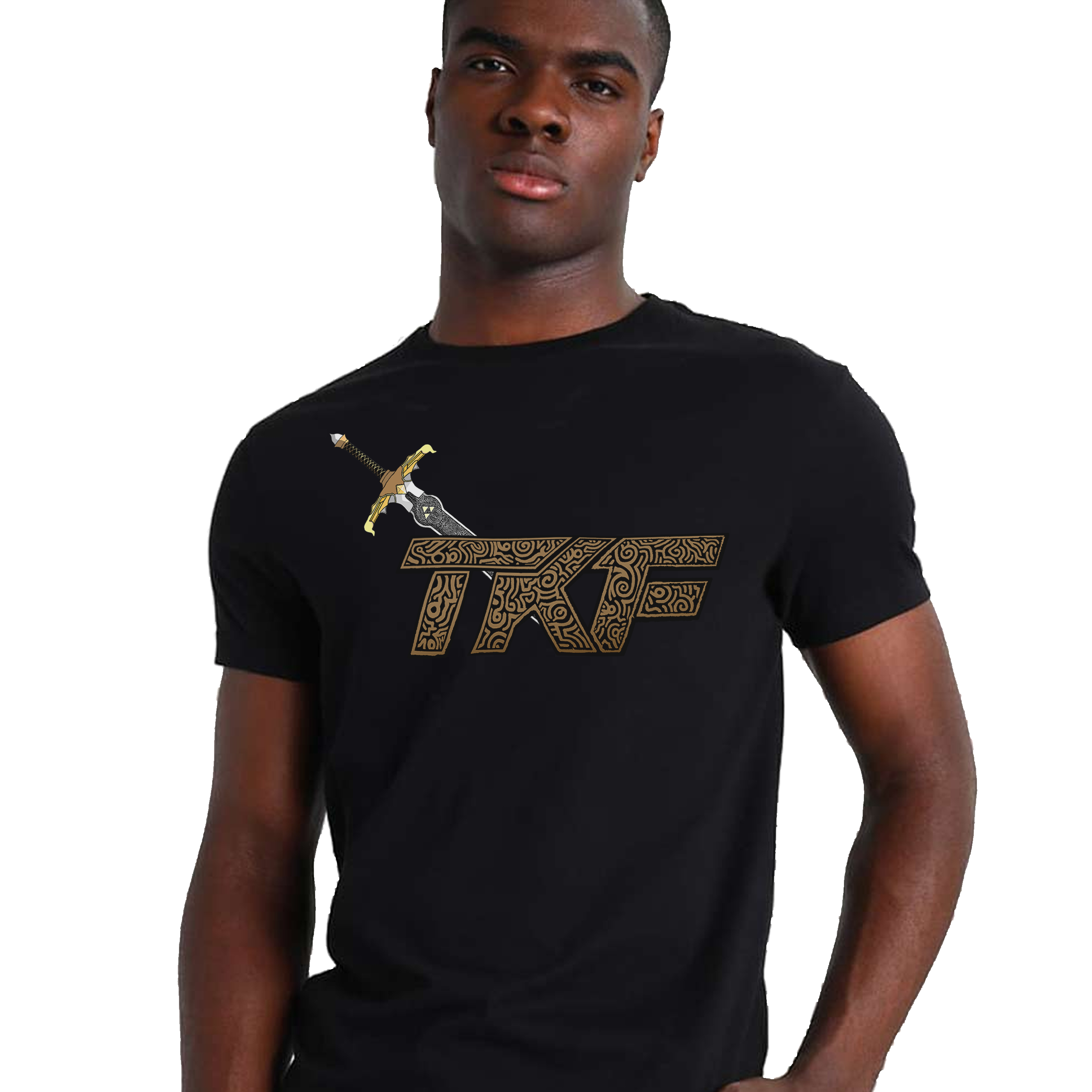 A black Tee of a stone that has runes similar to the legend of zelda breath of the wild. "TKF" can be seen with a weapon