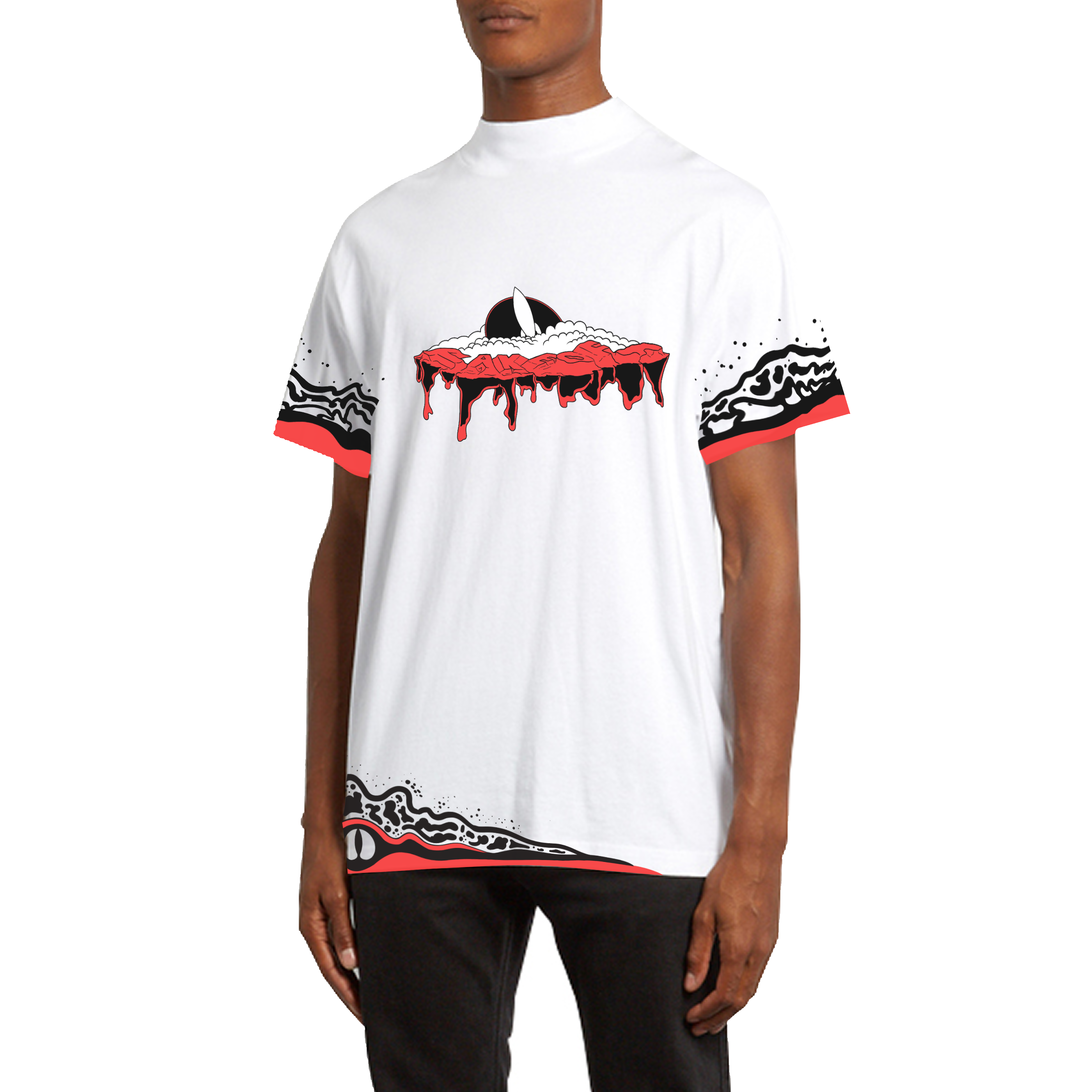 A White Tee of a rocket flying through clouds that spell Takeoff.