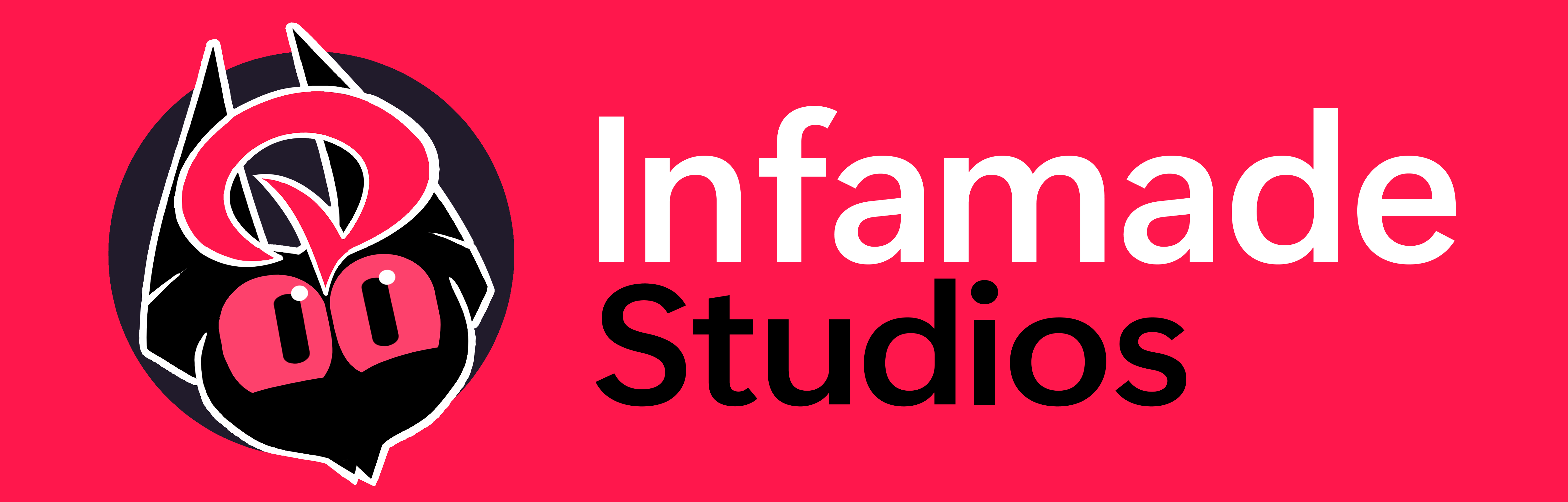 a small black imp with red eyes looks as "infamade studios" complete the logo