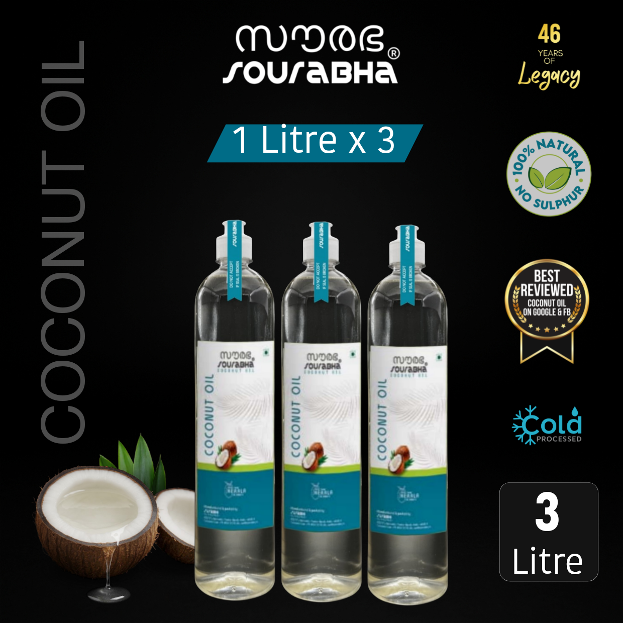 Coconut Oil Pack of 3 X 1 Litre Bottles