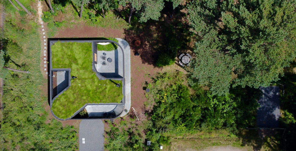 Bosvilla Zwarte zwaan. Bos tuin en turfdak.