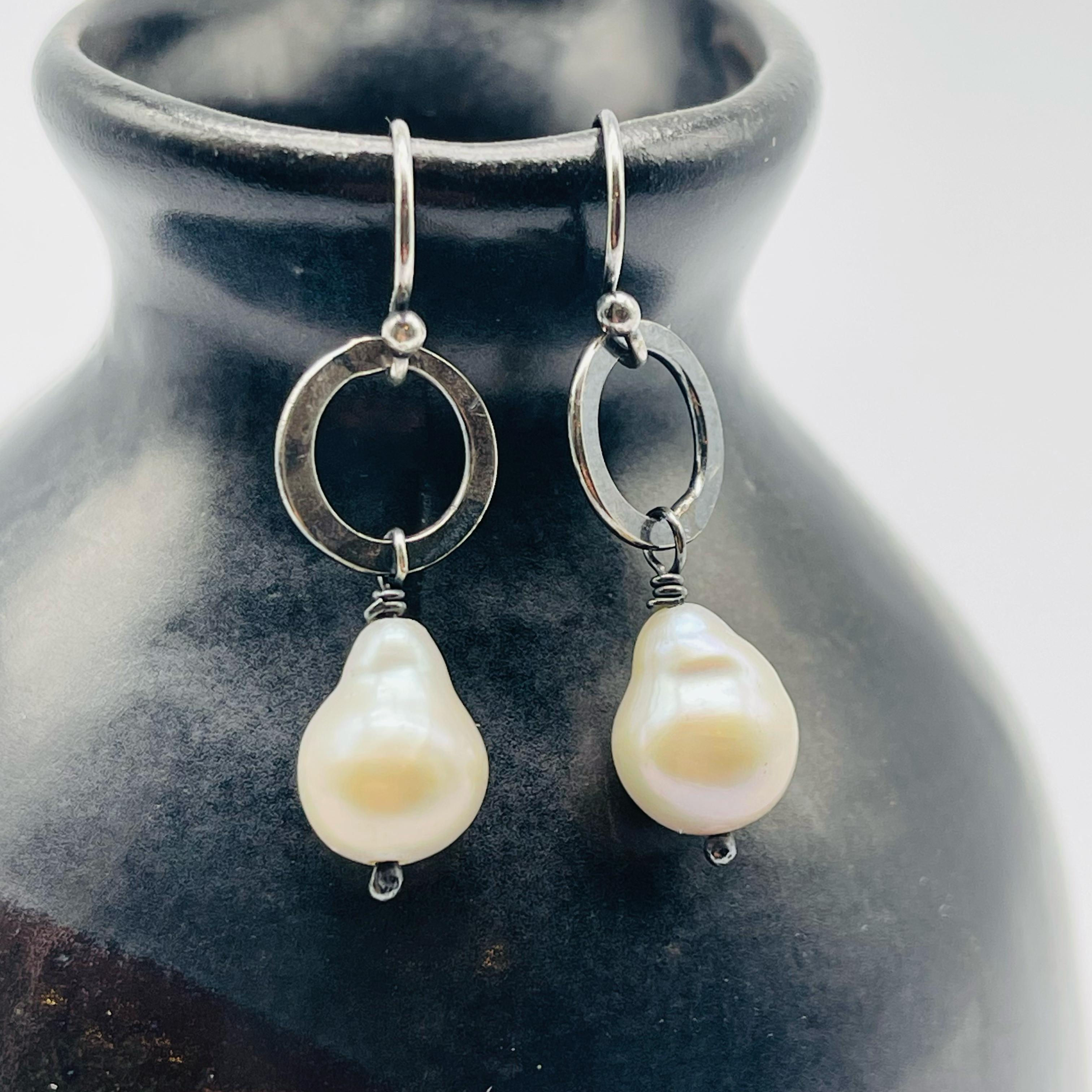 Pearl and Oxidised Silver Circle Earrings